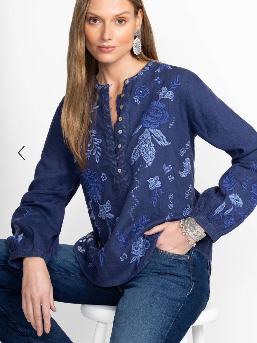 Johnny Was Embroidered Navy Peasant Blouse - Women Tops